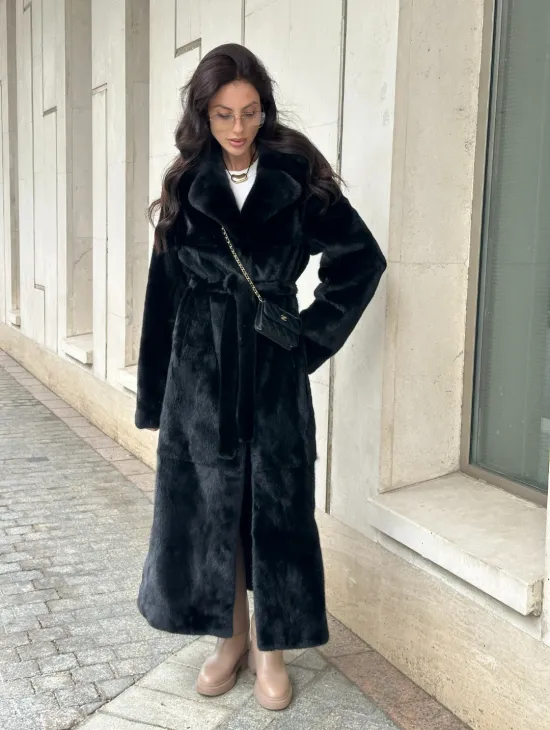 Черная норковая шуба NAFA MINK с поясом в пол