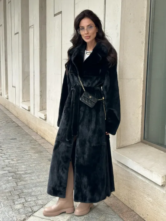 Черная норковая шуба NAFA MINK с поясом в пол