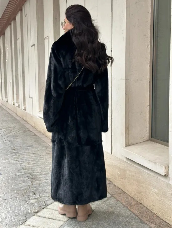 Черная норковая шуба NAFA MINK с поясом в пол