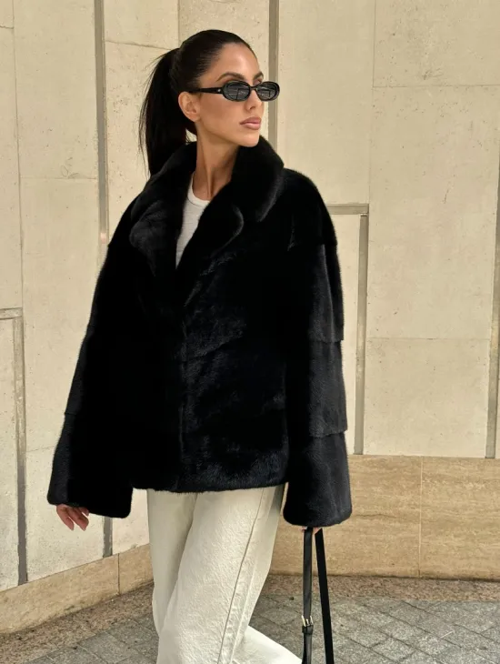 Полушубок из черной норки премиум аукциона - английский воротник