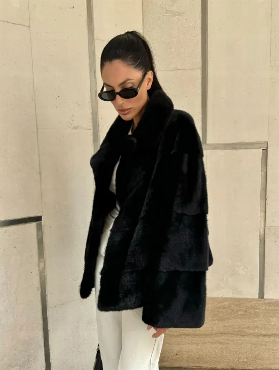 Полушубок из черной норки премиум аукциона - английский воротник
