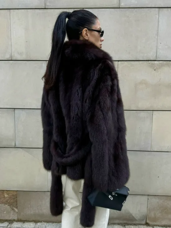 Шуба - жакет из меха куницы в цвете BURGUNDY