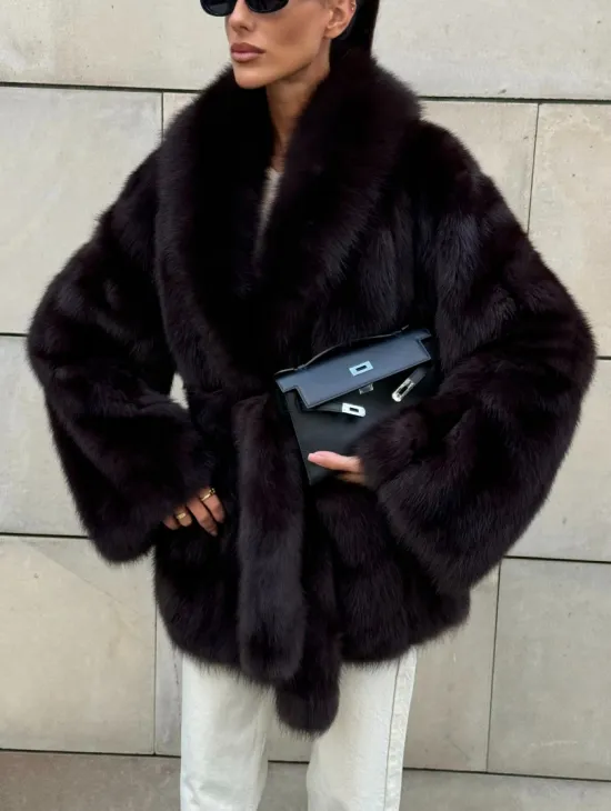 Шуба - жакет из меха куницы в цвете BURGUNDY