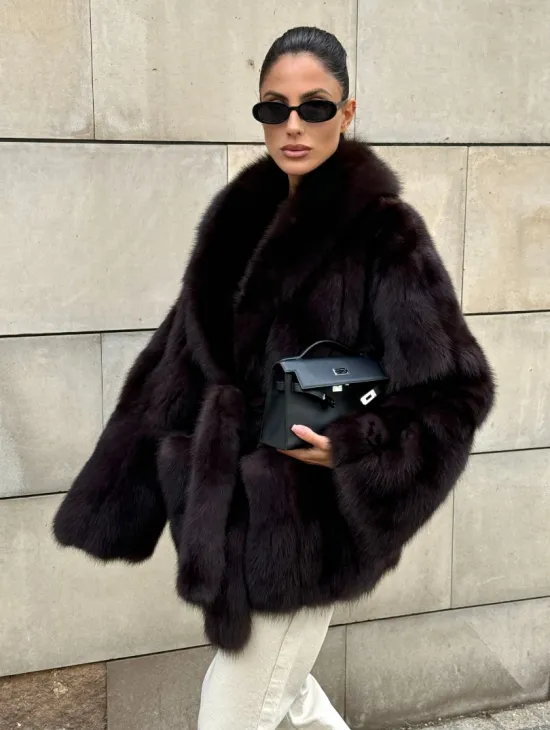 Шуба - жакет из меха куницы в цвете BURGUNDY